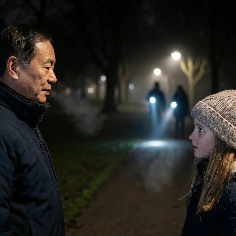 Night Profiles: Man and Woman with Flashlights in Background Night Profiles: Man and Woman with Flashlights in Background