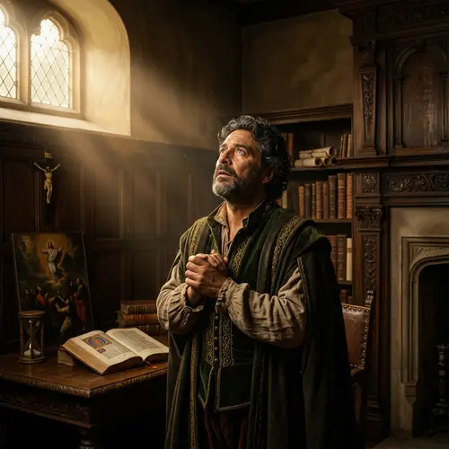 Hispanic Man in 16th Century Study Awed by Ethereal Light