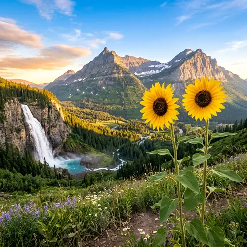 Sunflowers and Scenic Waterfall Landscape