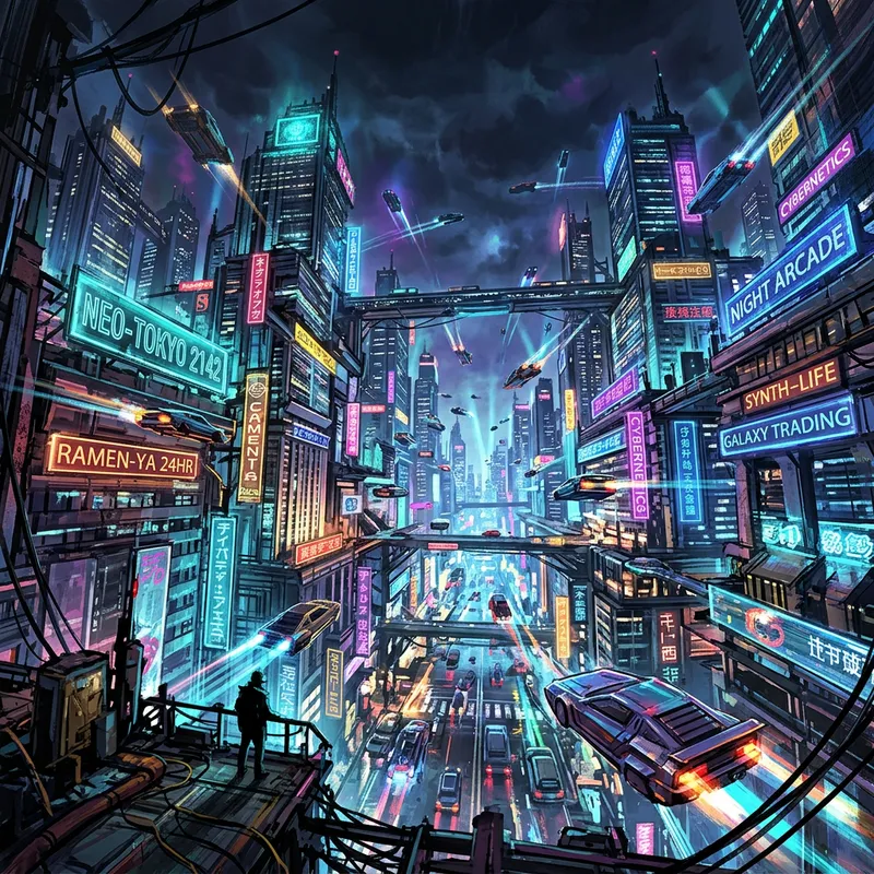 Bustling Cyberpunk Metropolis: Vibrant Neon Lights & Flying Cars Bustling Cyberpunk Metropolis: Vibrant Neon Lights & Flying Cars