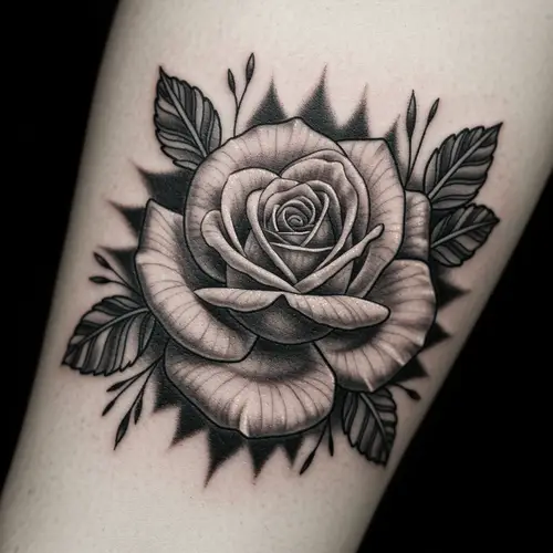 Rose Tattoo Cover-Up with Leaves and Shadows