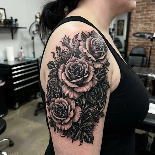 Rose Tattoo Cover-Up with Leaves and Shadows