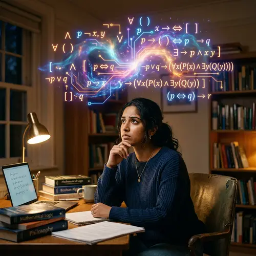 South Asian Person in Deep Thought with Logical Symbols