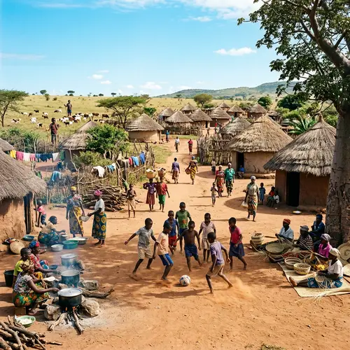 Vibrant African Village Day Scene | Engaging Activities & Scenic Beauty
