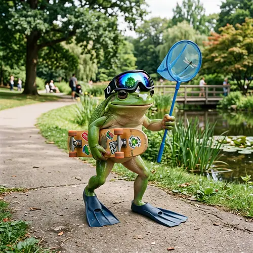 Frog with Net, Skateboard, Fins, and Goggles