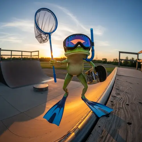 Frog with Net, Skateboard, Fins, and Goggles