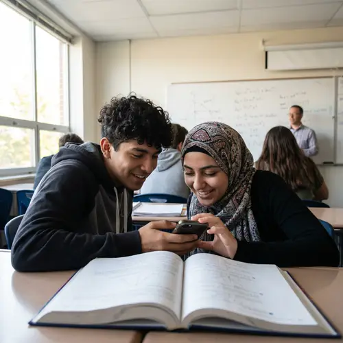 High School Students Secretly Viewing Mobile Phone in Classroom