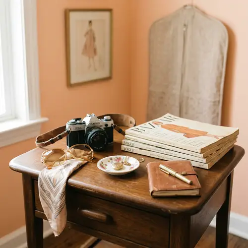 Vintage Retro-Style Wooden Table with Fashion-Focused Background