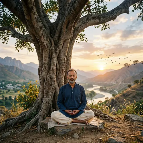 Stoic Serenity: South Asian Male Meditating Under Ancient Tree