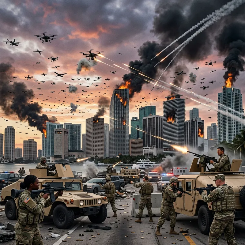 Miami Skyline Drone Invasion: Urban Chaos and Soldier Resistance