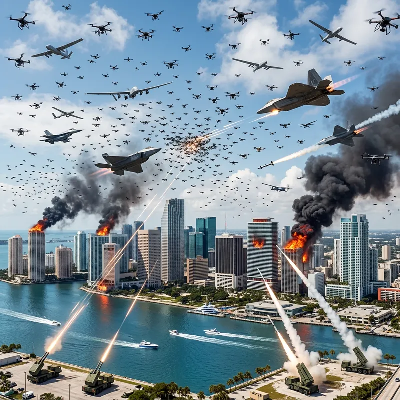 Miami Skyline Drone Invasion: Intense Battle Scenario Miami Skyline Drone Invasion: Intense Battle Scenario