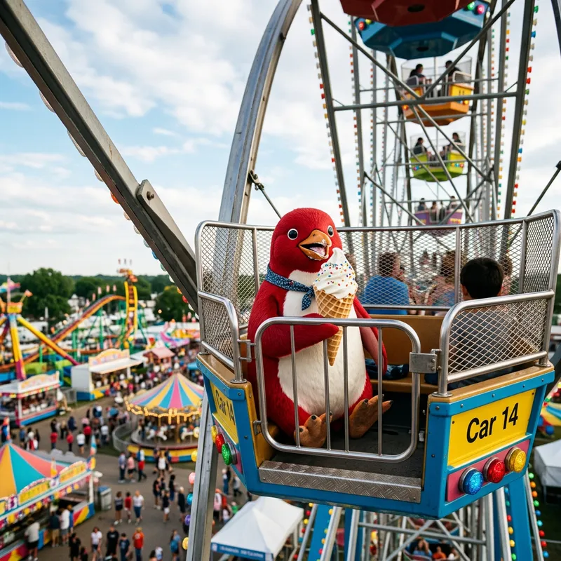 Red Penguin on Ferris Wheel Enjoying Ice Cream