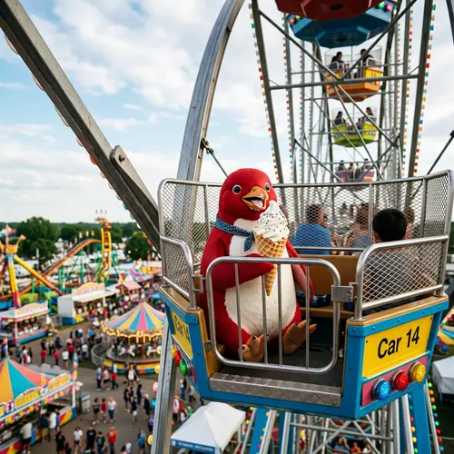 Red Penguin on Ferris Wheel Enjoying Ice Cream