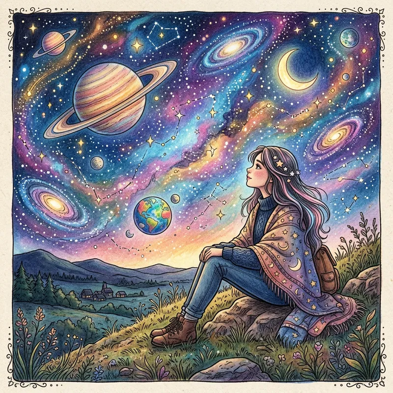 Dreamy Woman Gazing at the Universe Coloring Page