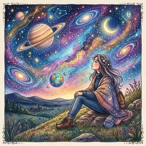 Dreamy Woman Gazing at the Universe Coloring Page