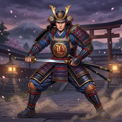 Muscular Samurai Man in Anime Style with 'L' Emblem