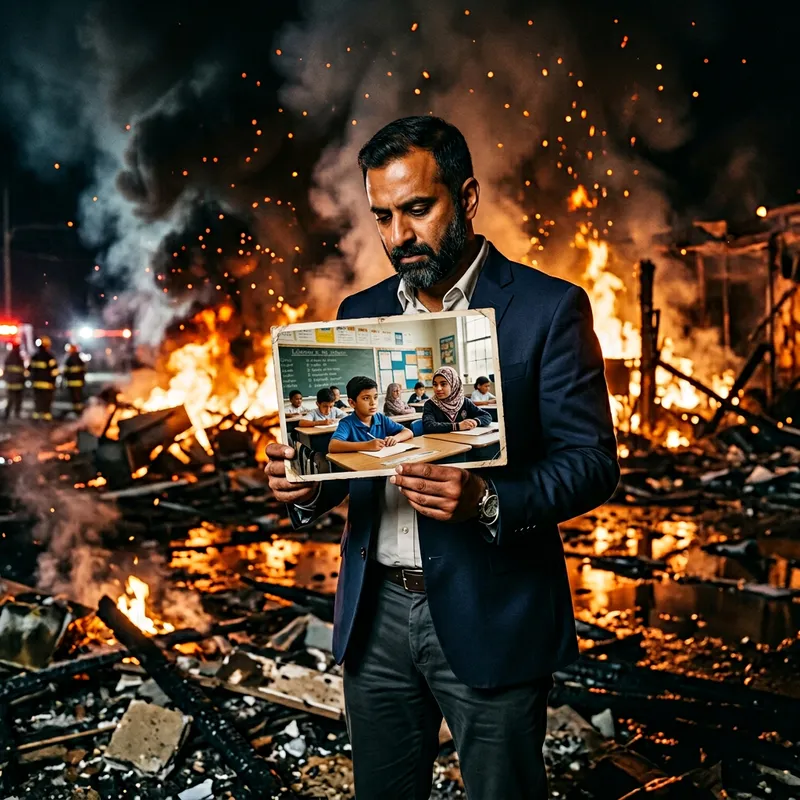 Man in Blazer Amidst Flames | School Scenario with Diverse Students Man in Blazer Amidst Flames | School Scenario with Diverse Students