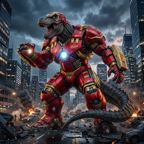 Godzilla in Iron Man Suit: Red & Gold Armor in Cityscape