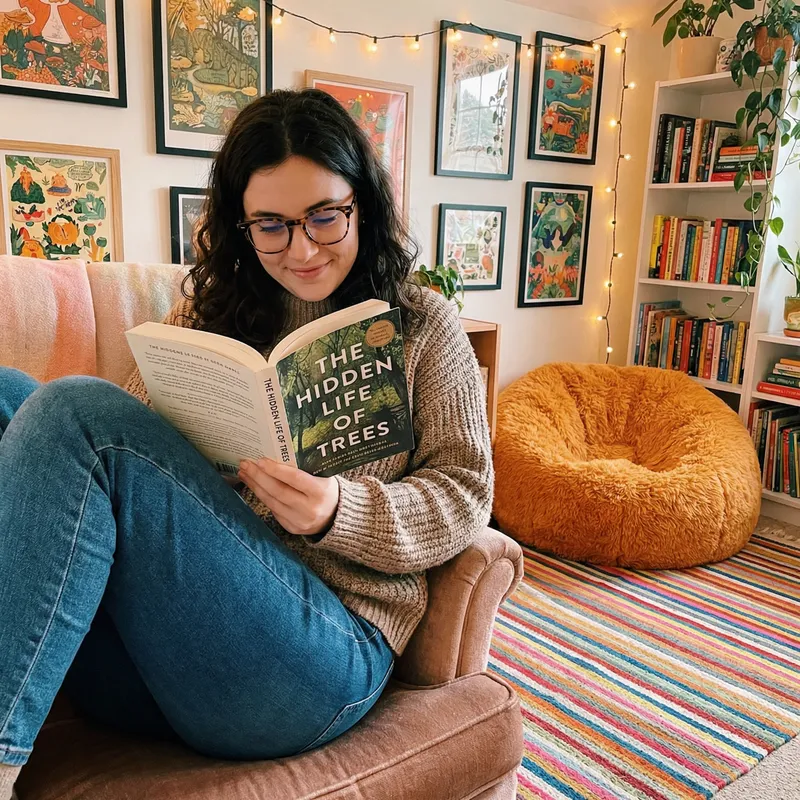 Charming Dark-Haired Girl with Glasses in Cozy Room