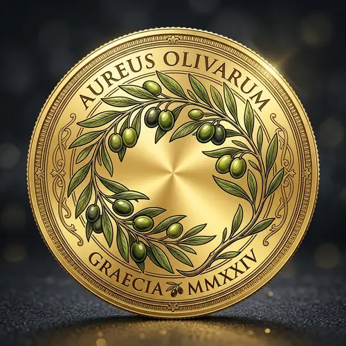 Intricate Gold Coin with Green Olive Branch Design