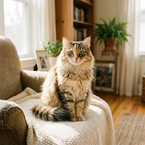 Majestic Cat with Fluffy Coat and Emerald Eyes | Comfortable Home Scene