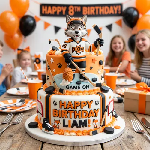 Cartoon-Inspired Ice Hockey Character Cake with Fox Tail Charm