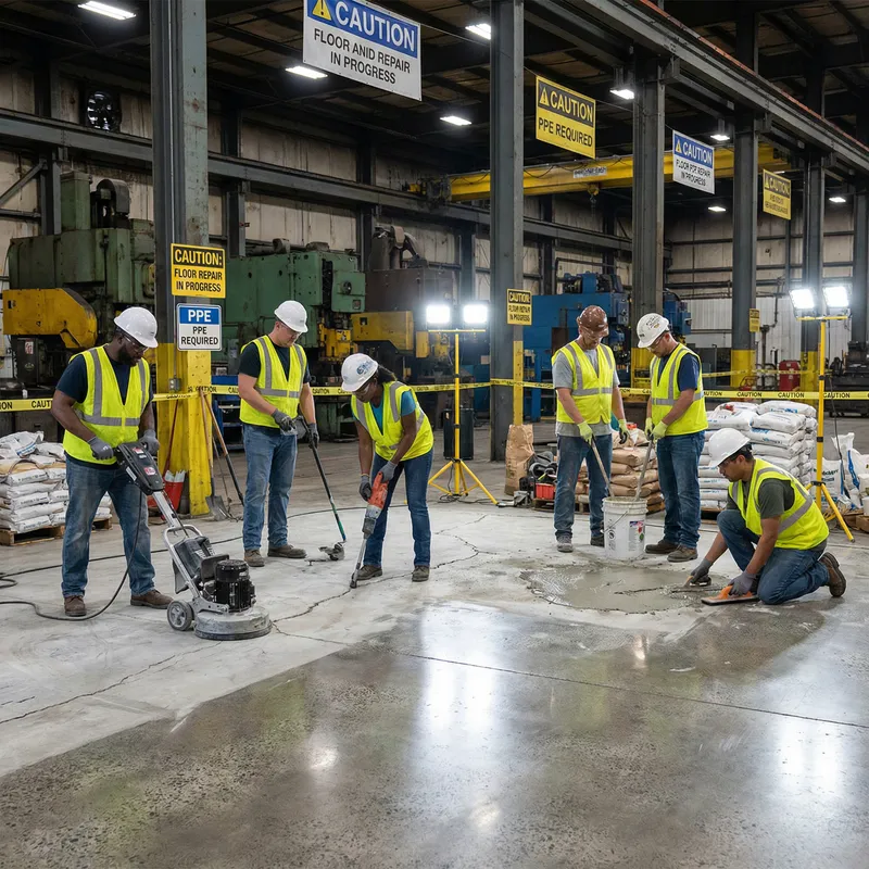 Industrial Floor Repair: Expert Workers Fixing Damages
