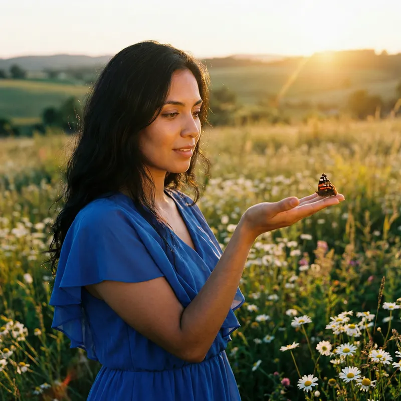 Beautiful Hispanic Woman with Red Admiral Butterfly in Lush Field