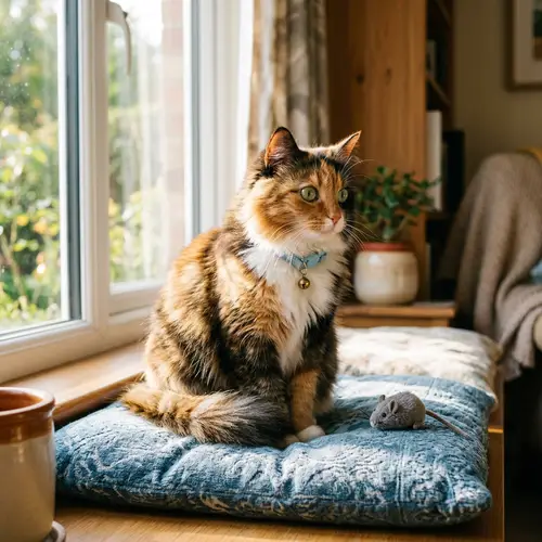 Fluffy and Playful Domestic Cat on Plush Cushion