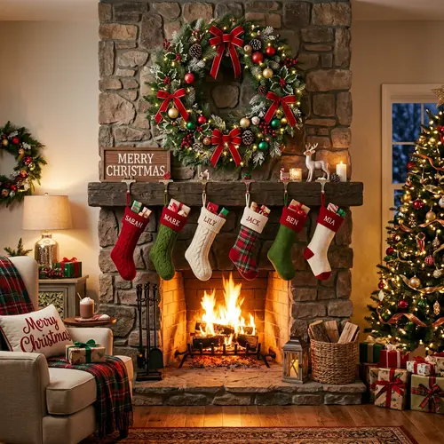 Cozy Christmas Fireplace with Vibrant Stockings and Wreath