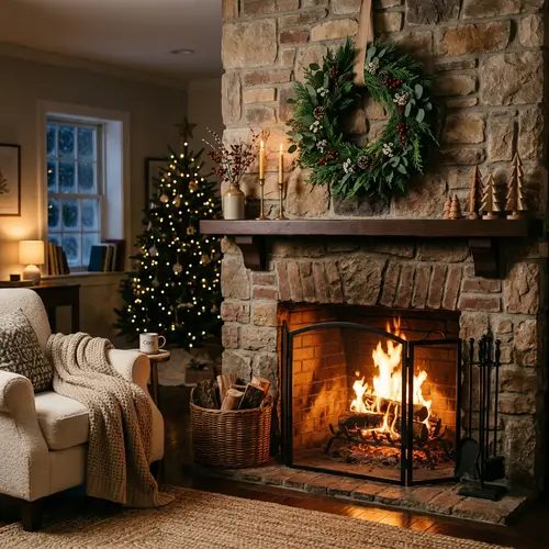 Cozy Fireplace with Minimal Christmas Wreath