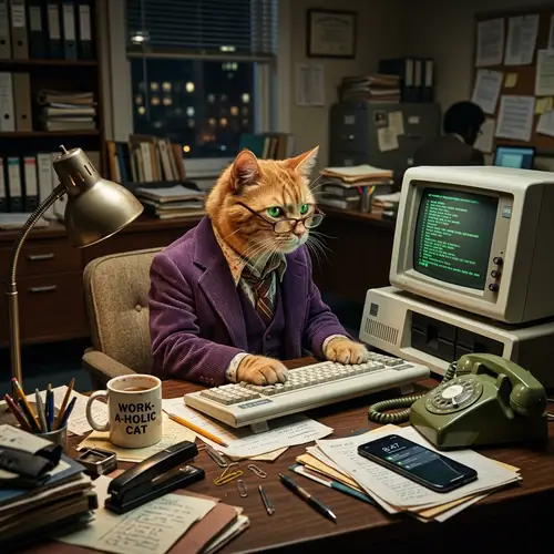 Workaholic Orange Cat in 1970s Purple Suit at Cluttered Office Desk
