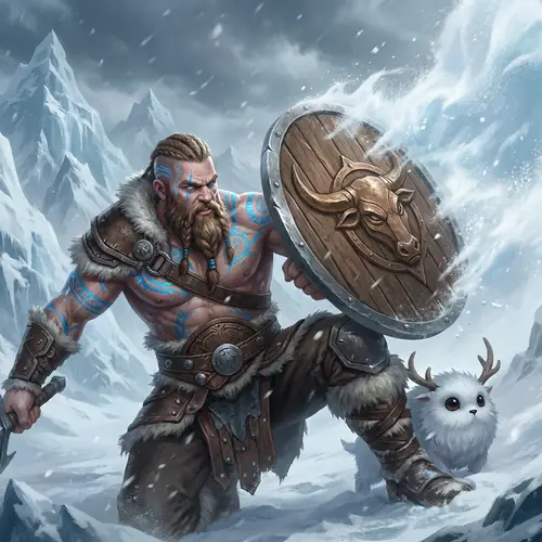 Braum of League of Legends Rescuing Poro from Snow Avalanche