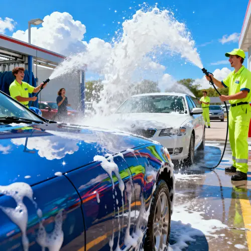 Vibrant Car Wash Scene: A Sunny Day Delight