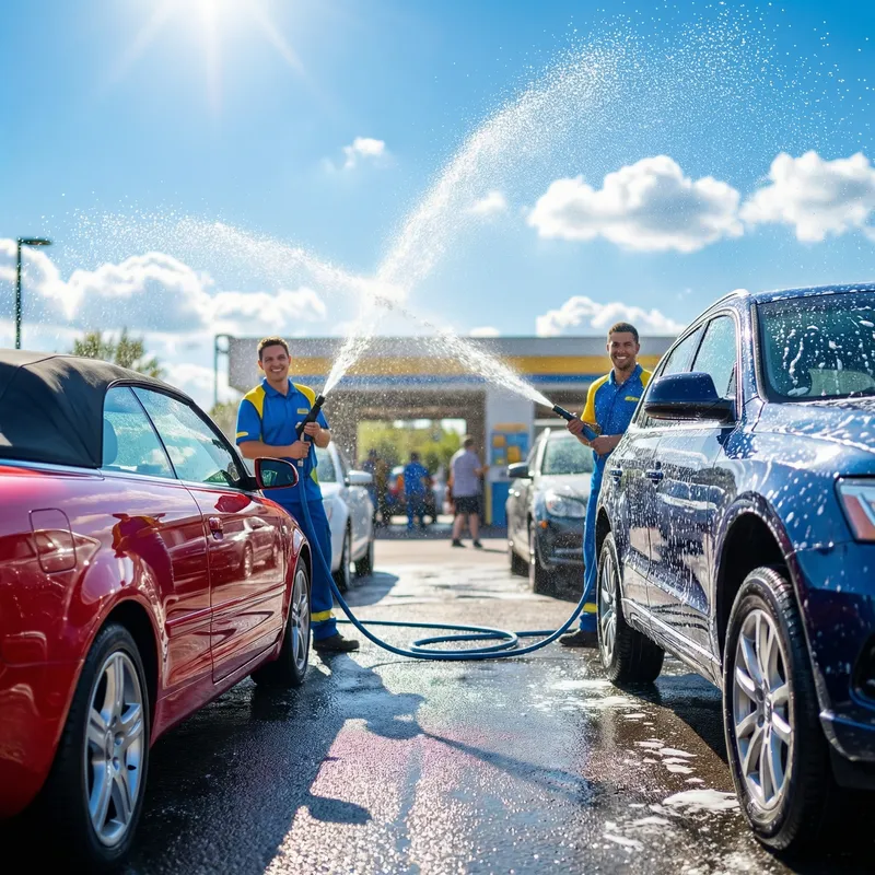 Vibrant Car Wash Scene: A Sunny Day Delight