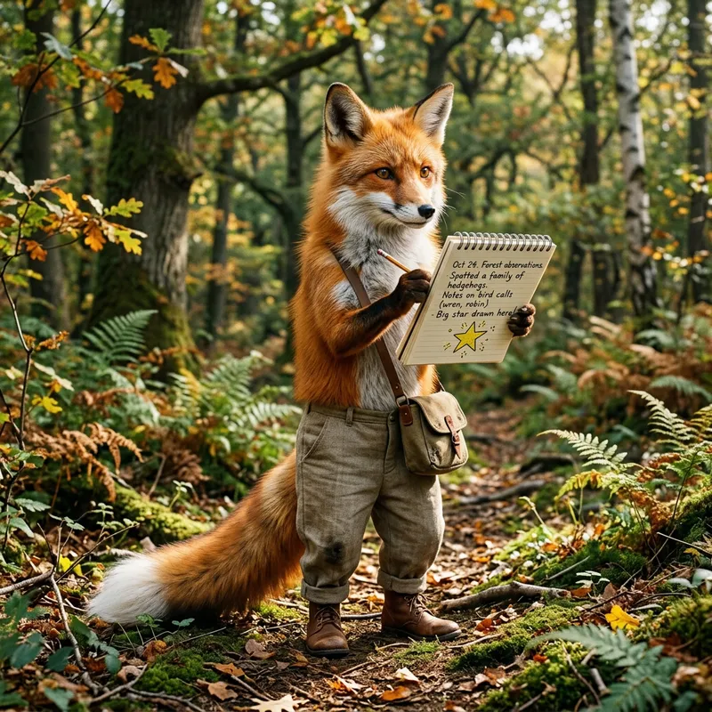 Whimsical Fox Writing on Notepad with Star | Anthropomorphic Animal Art
