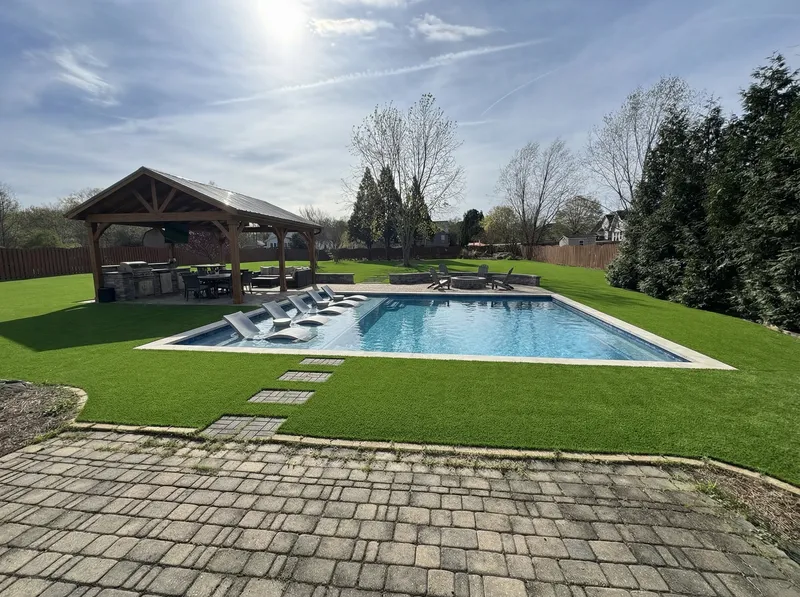 Rectangle Pool with Pavilion & Fire Pit Design