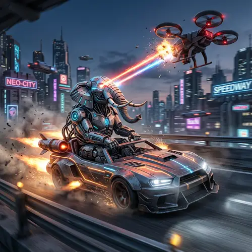 Cyborg Elephant on Rocket Car - Futuristic Scene with Laser Beams