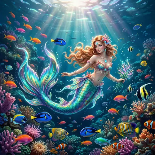 Surreal Underwater Mermaid Scene | Vibrant Fish & Ethereal Beauty