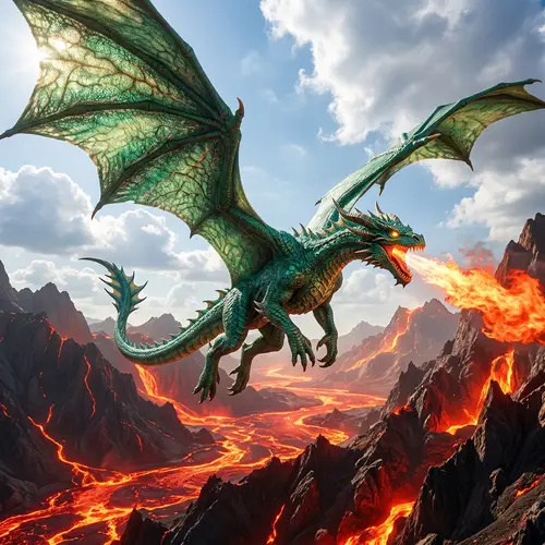 Majestic Emerald Dragon Soaring Over Glowing Lava Mountains