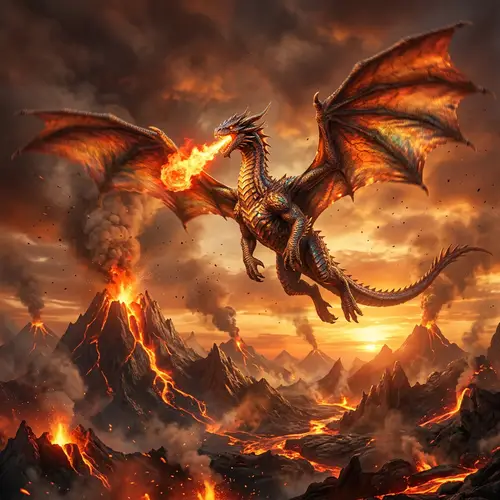 Majestic Fire-Breathing Dragon Soaring in Ember-Colored Sky