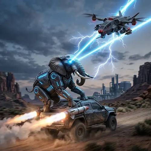 Cyborg Elephant atop Rocket-Powered Vehicle with Lasers