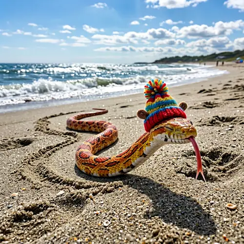 Humorous Snake in Silly Hat on Sandy Beach
