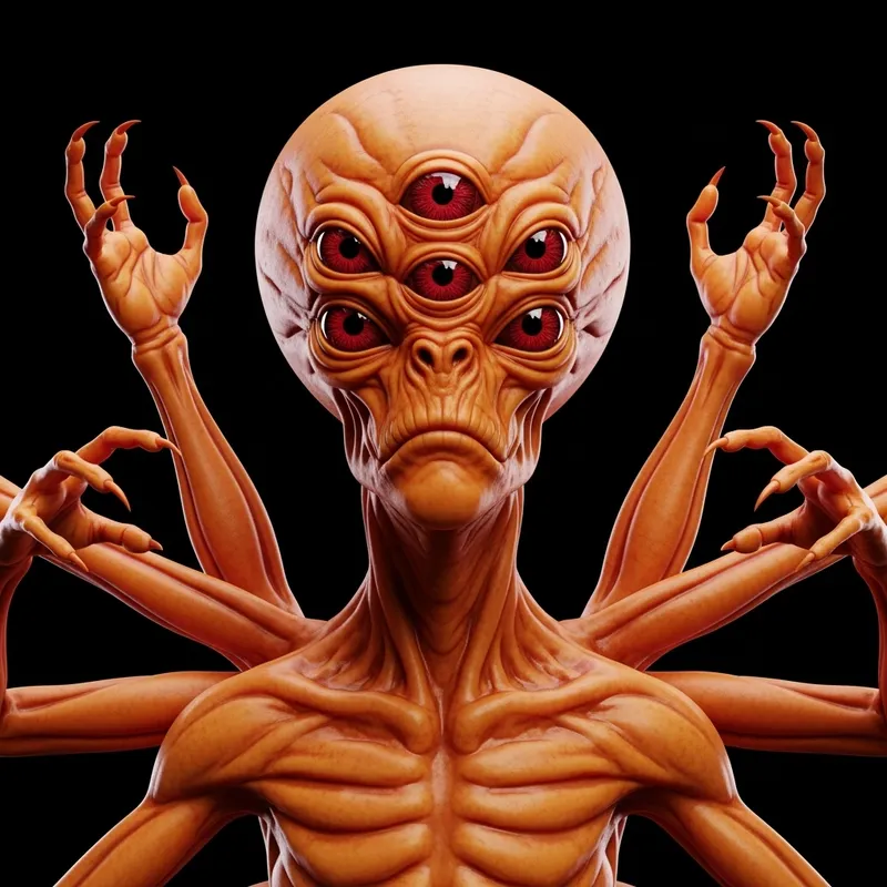 Orange Alien with 4 Eyes and 6 Arms