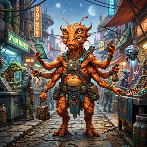 Orange Alien with 4 Eyes and 6 Arms