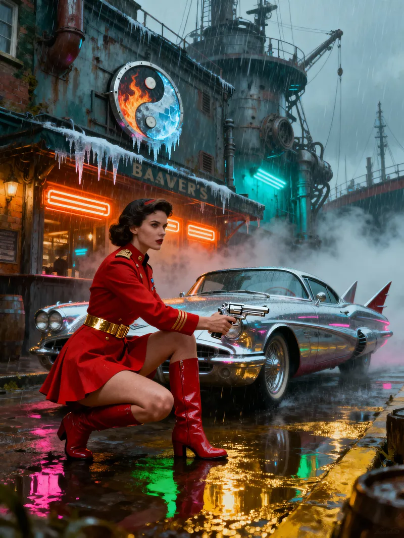 Futuristic 1950s Female Space Captain in Cyberpunk Style Futuristic 1950s Female Space Captain in Cyberpunk Style