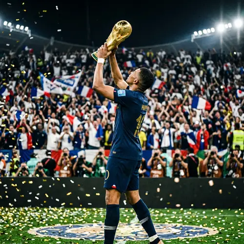 Celebratory Male Soccer Player with World Cup Trophy 2022