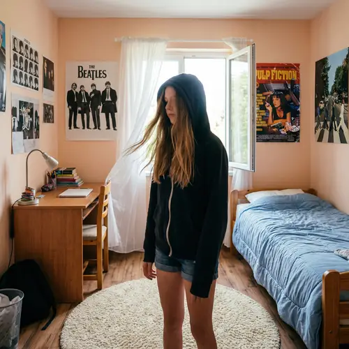 Teenage Girl in Unzipped Hoodie Standing in Cozy Room
