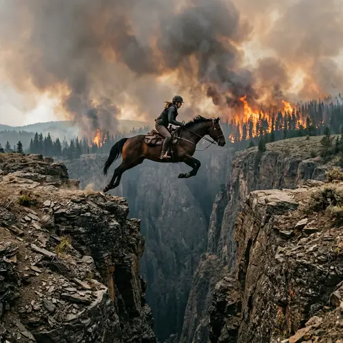 Dramatic Horse Soaring Over Rocky Chasm | Forest Fire Scene