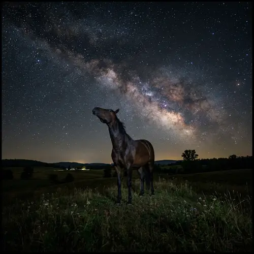 Solitary Horse in Field at Night Looking Up at Starry Sky